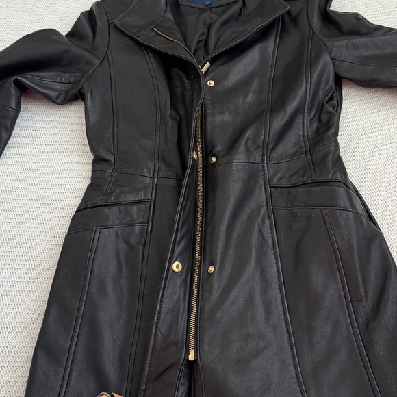 Cole Haan 100% Genuine Leather Trench Coat Black Size Medium - Picture 5 of 8